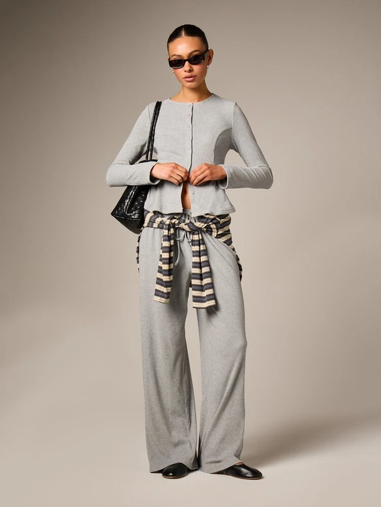 Ribbed Button Cardigan With Palazzo Pants Set