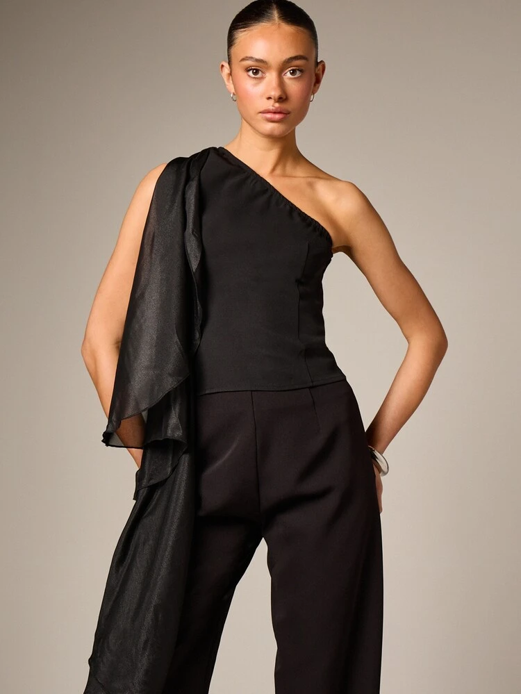 One Shoulder Draped Chiffon Blouse With Flowing Sleeve