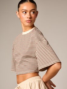 AiiRZ Cropped Striped T-Shirt With Round Neckline Short Sleeves Casual Relaxed Fit Tee Top - Multicolor - View 5
