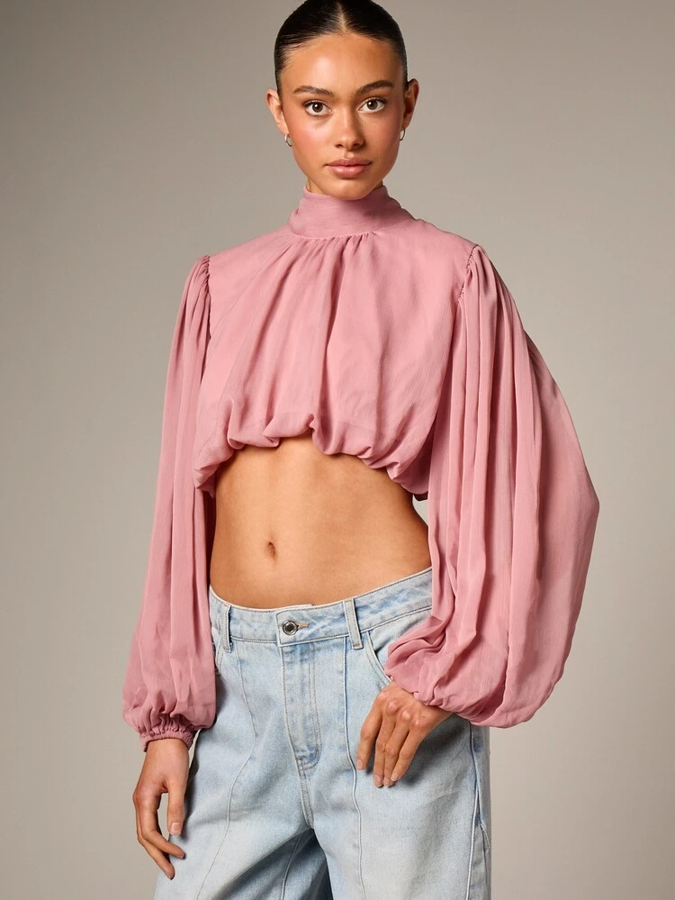 Mock Neck Puffball Blouse With Balloon Sleeves