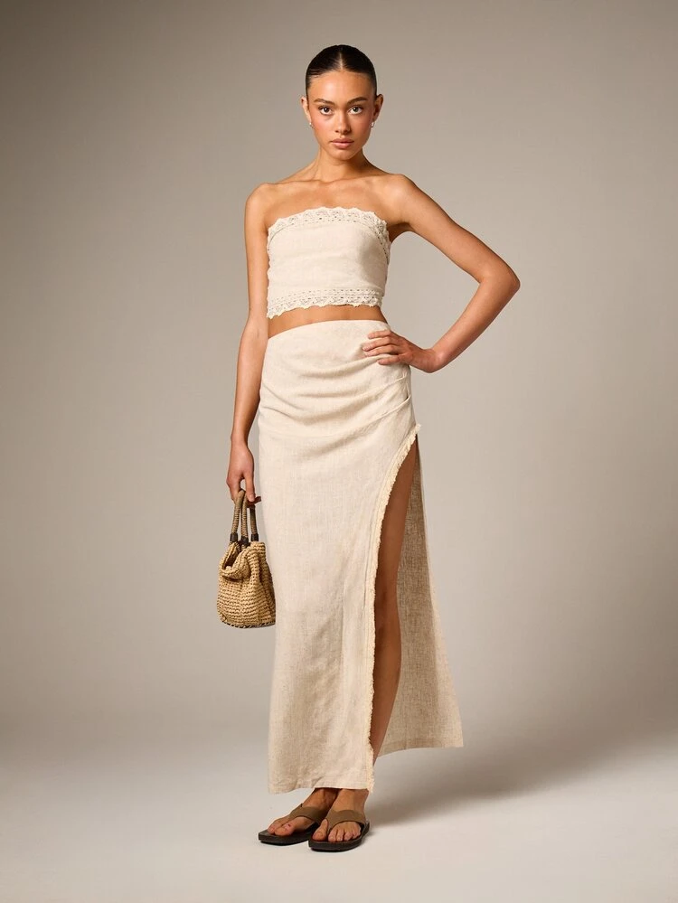Linen Textured Maxi Skirt With Lace Trim