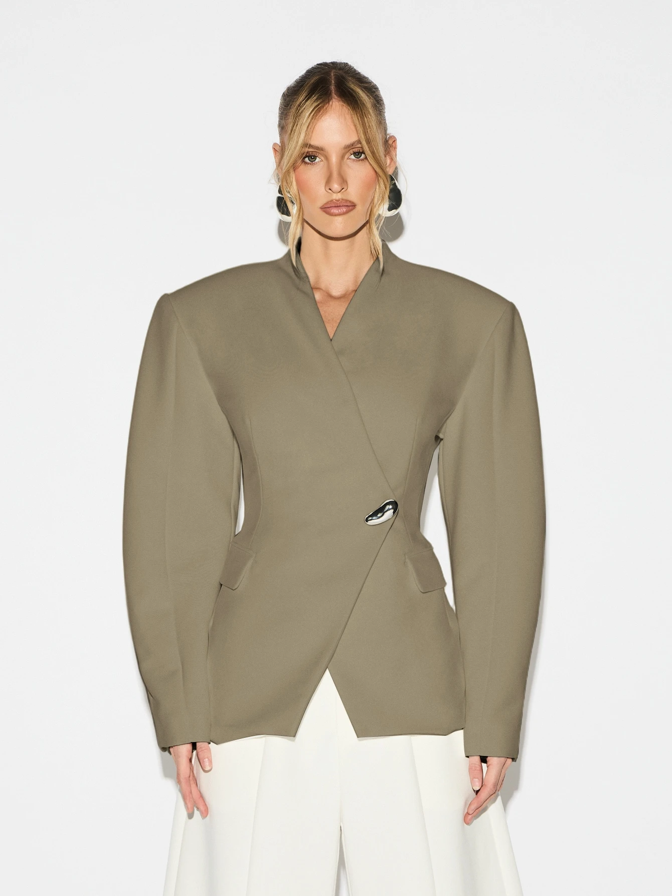 KIZN Structured Shoulder Pad Wrap Blazer With Balloon Sleeves