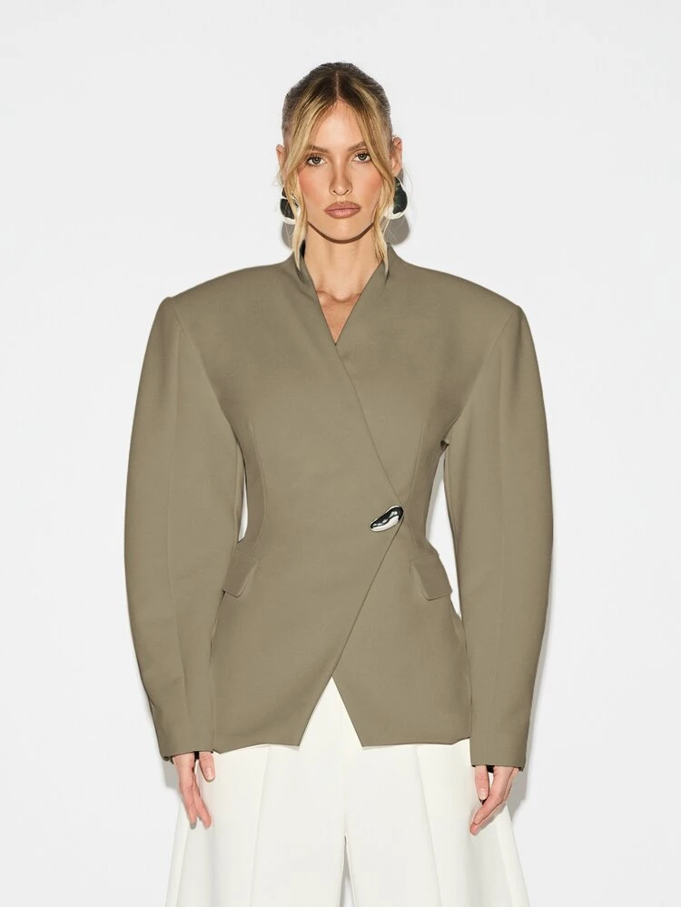 KIZN Structured Shoulder Pad Wrap Front Balloon Sleeve Blazer With Metal Button Detail Professional Office Workwear Jacket For Business Meetings Fall Winter Formal Outerwear