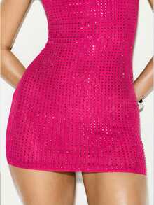 KIZN 热熔水钻高领无袖迷你连衣裙闪亮派对鸡尾酒会夜店紧身晚宴正式特殊场合 - 玫紅色 - 查看 7