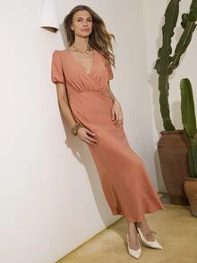 Dancing Leopard Colette 橙色泡泡袖中长连衣裙，女士夏季穿搭，婚礼宾客礼服，假日礼服，度假礼服，花园派对礼服，约会礼服，办公室礼服，休闲正装 - 橘色 - 查看 1