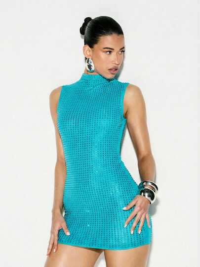 KIZN Đầm ngắn không tay cổ cao màu ngọc lam đính sequin và đá pha lê lấp lánh, thích hợp cho tiệc tùng, cocktail, câu lạc bộ, kiểu dáng ôm sát.