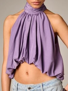 AiiRZ Halter Neck Puffball Top With Tie Detail Ruched Sleeveless Blouse For Spring Summer Occasions - Purple - View 6