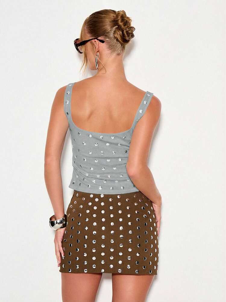 KIZN Women's Studded Square Neck Tank Top With Metallic Grommets And Sleeveless Design For Summer Fashion