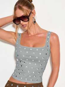 KIZN 女士铆钉方领无袖背心，饰有金属孔眼，适合夏季穿着 - 灰色 - 查看 1