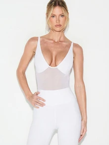 KIZN Áo liền thân cổ chữ V sâu với chi tiết lưới xuyên thấu và dây đeo có thể điều chỉnh, thích hợp cho các buổi tiệc tối. - trắng - Xem 4