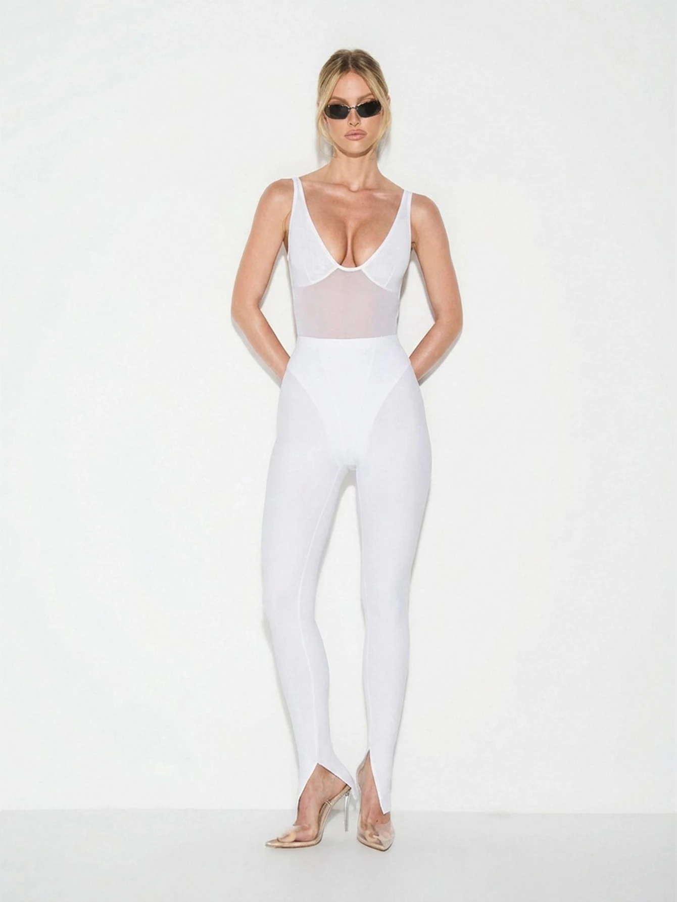 KIZN Deep V Neck Bodysuit With Mesh Panels
