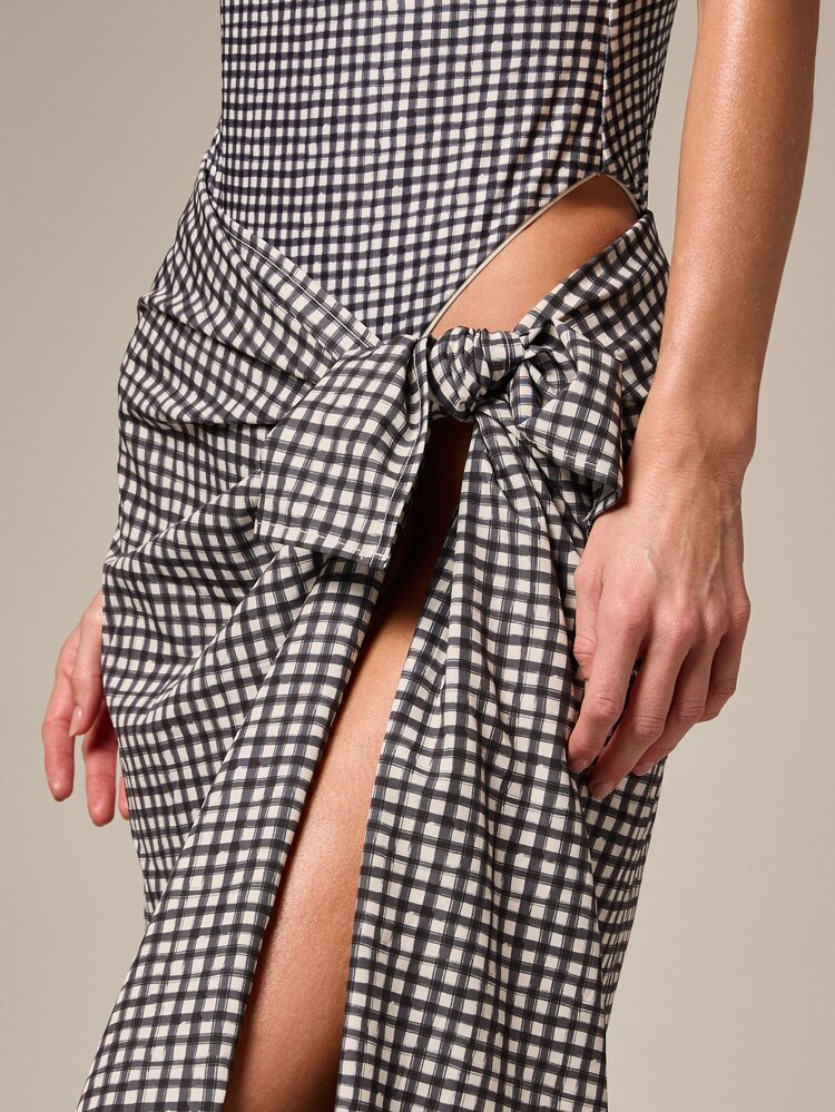 Gingham Check Wrap Sarong With Tie Detail