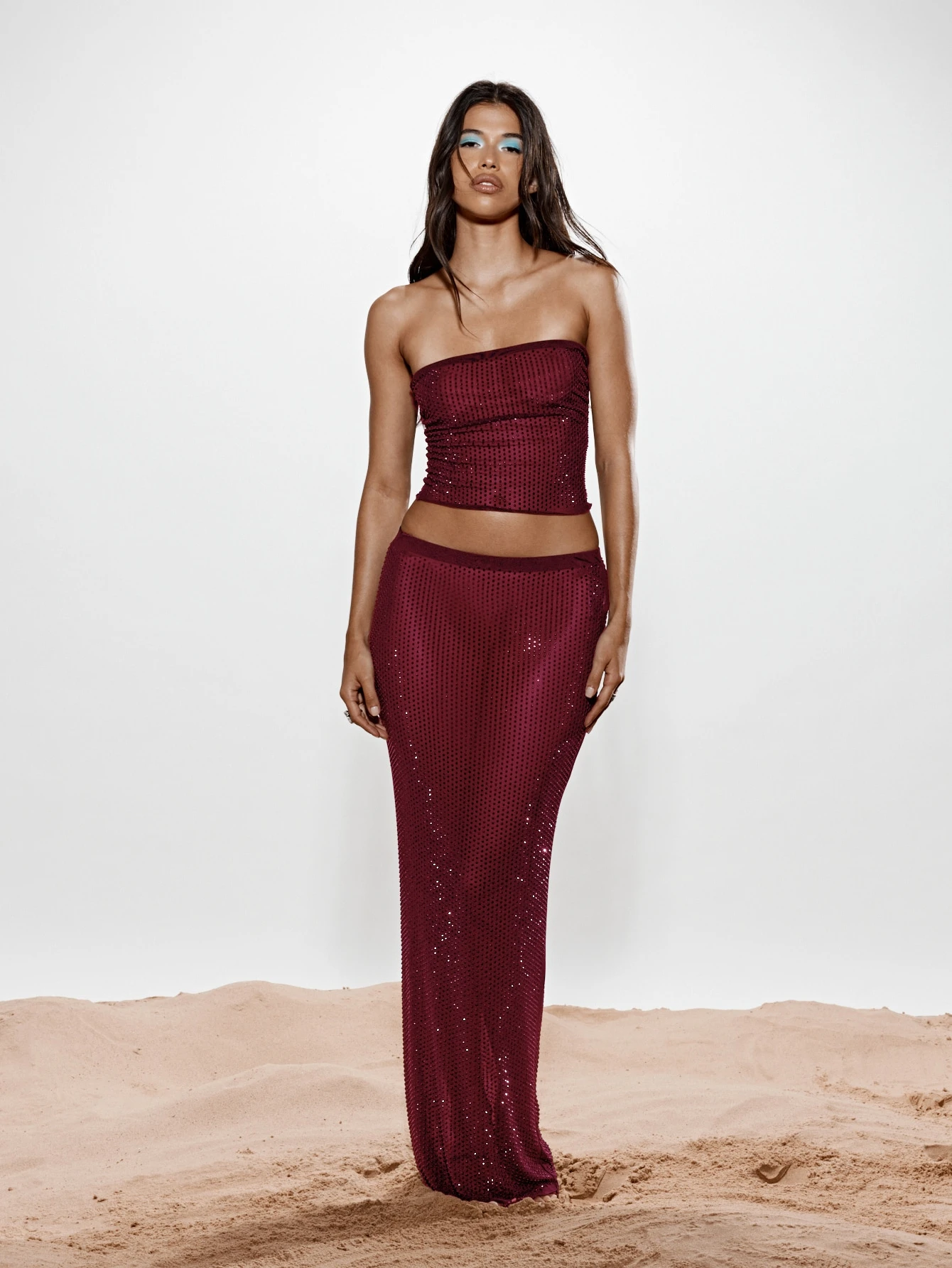 KIZN Sequin Hotfix Mesh Strapless Tube Top