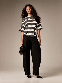 AiiRZ Áo thun nữ tay ngắn kẻ sọc ngang, cạp chun, dáng rộng, cổ tròn, thời trang mùa hè xuân. - Xám - Xem 4