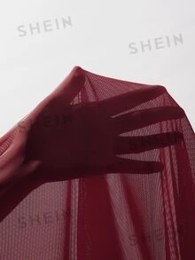 KIZN 女士酒红色亮片烫钻网纱无肩带抹胸闪亮派对夜店晚装修身抹胸 - 酒紅色 - 查看 6