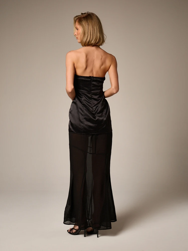 Women's Elegant Black Strapless Bodycon Maxi Dress With Chiffon Underskirt For Evening Party Formal  Wedding Guest Special Occasion