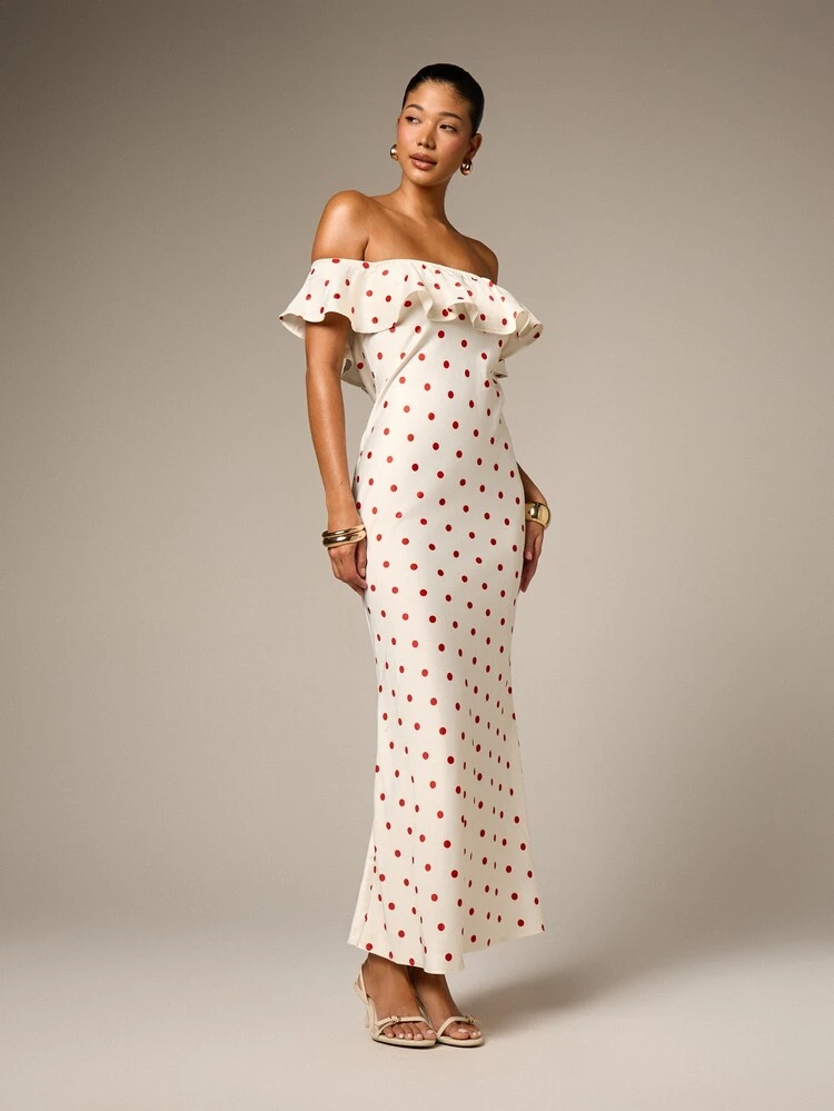 Off Shoulder Ruffle Polka Dot Satin Maxi Dress