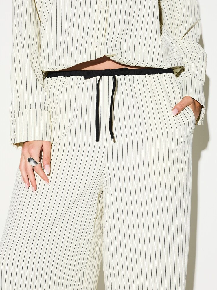 KIZN Cream Pinstripe Wide Leg Palazzo Pants With Drawstring Waist And Contrast Trim Detail For Spring Summer Casual Wear