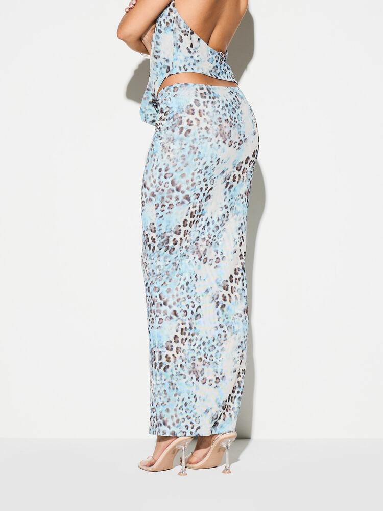 KIZN Leopard Print Maxi Skirt Long Bodycon Fitted Animal Pattern Backless Halter Neck Summer Party Evening Wear Fashion Occasion Dress Style