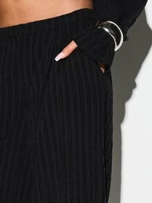 KIZN Ribbed Knit Wide Leg Palazzo Pants High Waisted Pleated Textured Trousers Flowy Casual Lounge Wear Fall Winter Comfort - Black - View 4