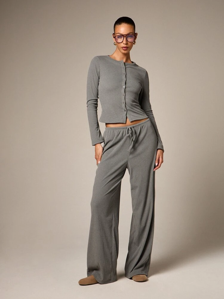 Ribbed Knit Cardigan And Trouser Set