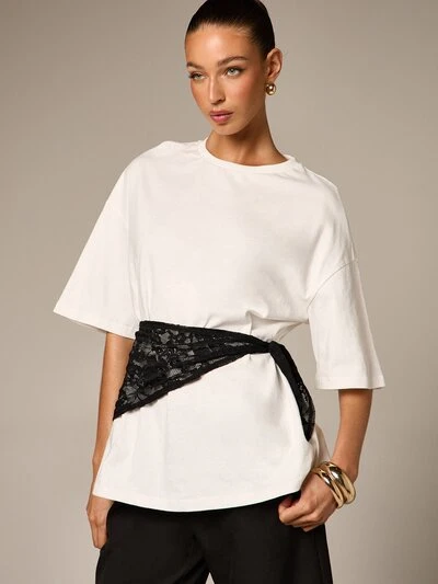 White Lace Scarf Detail T-Shirt With Black Belt