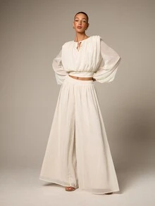 AiiRZ Pantalones palazzo de gasa de cintura alta y pierna ancha para mujer, de corte holgado y fluido, de longitud completa, para uso elegante y casual en primavera y verano - Albaricoque - Ver 3