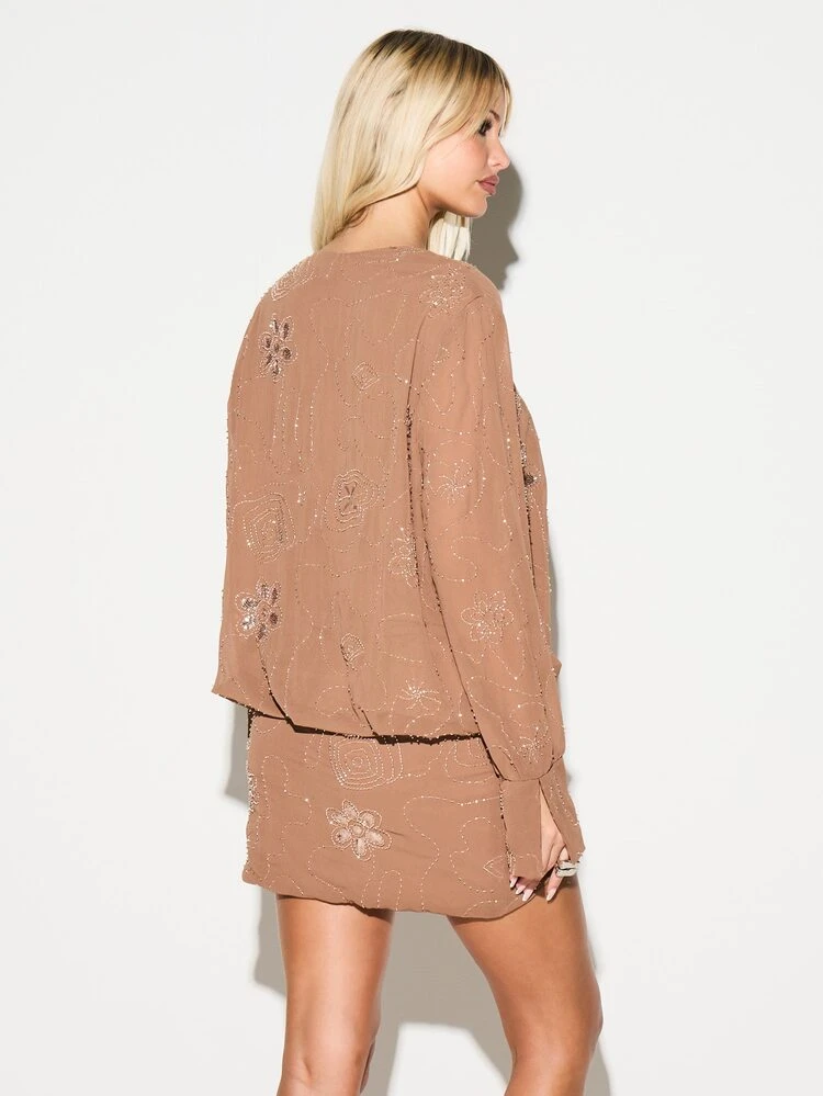 KIZN Beaded Sequin Long Sleeve V-Neck Cover Up