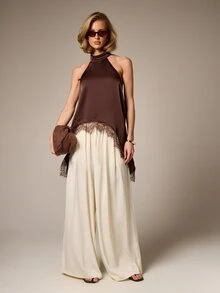 AiiRZ 女士蕾丝边饰露背无袖高领上衣，适合秋季时尚 - 巧克力棕 - 查看 4