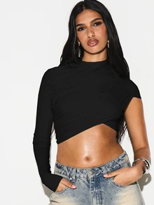 KIZN Asymmetrical One Shoulder Draped Top Long Sleeve Mock Neck Wrap Style Cropped Shirt Fall Winter Fashion - Black - View 4