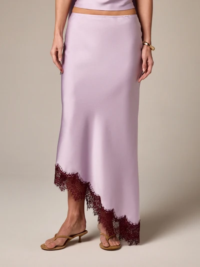 AiiRZ Women's Asymmetric Maxi Skirt With Burgundy Lace Trim Detail Elegant Evening Party Formal Occasion Wear Long Flowing Feminine Style