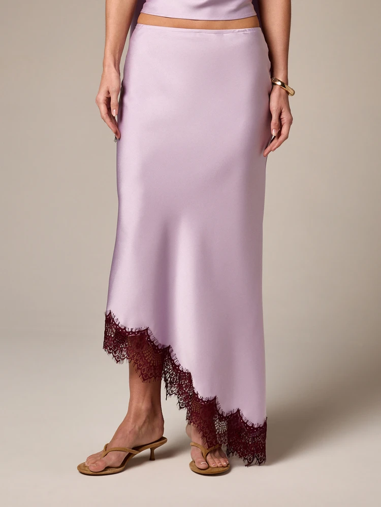Asymmetric Lace Trim Maxi Skirt