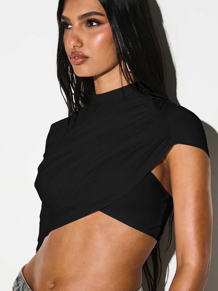 KIZN Asymmetrical One Shoulder Draped Top Long Sleeve Mock Neck Wrap Style Cropped Shirt Fall Winter Fashion