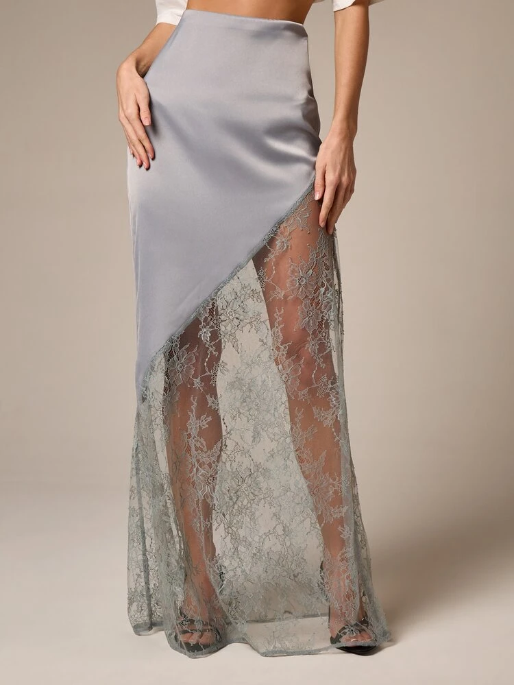 Satin Maxi Skirt With Lace Panel