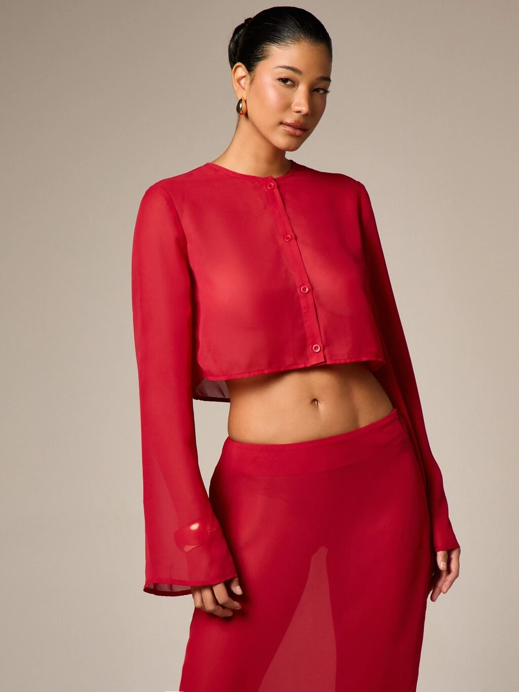AiiRZ Women's Button Front Cropped Chiffon Long Sleeve Blouse Top Elegant Sheer Fashion Cardigan Style Red Lightweight Evening Formal Dressy Spring Summer