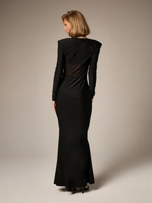 AiiRZ Black Long Sleeve Bodycon Maxi Dress With Sheer Mesh Panel Ruched Waist Detail Evening Party Formal Occasion Stretch Fabric Wedding Guest Prom - Black - View 2