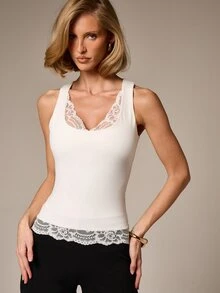 AiiRZ Women Sleeveless Lace Trim Tank Top V-Neck Camisole White Summer Fashion Layering Essential Elegant Feminine Casual Top - White - View 1