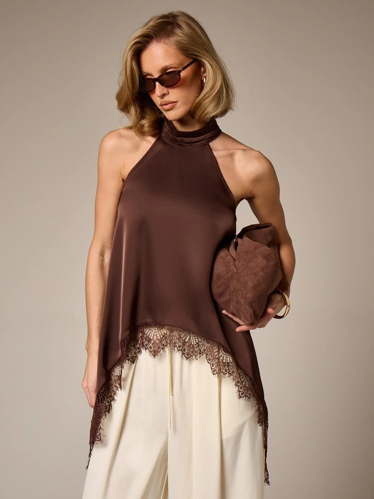 Lace Trim Halter Neck Turtleneck Blouse