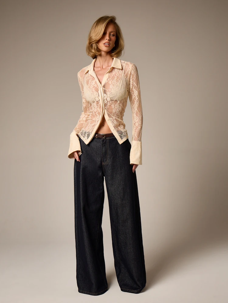 Lace Sheer Button Through Blouse