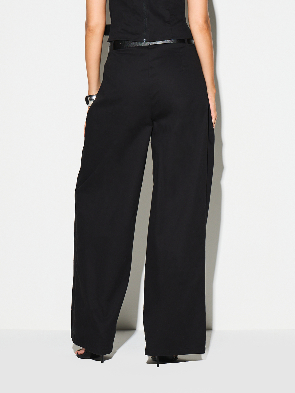 KIZN High Waisted Wide Leg Palazzo Trousers With Buckle Belt Detail Flowing Draped Pants Office Professional Formal Evening Wear