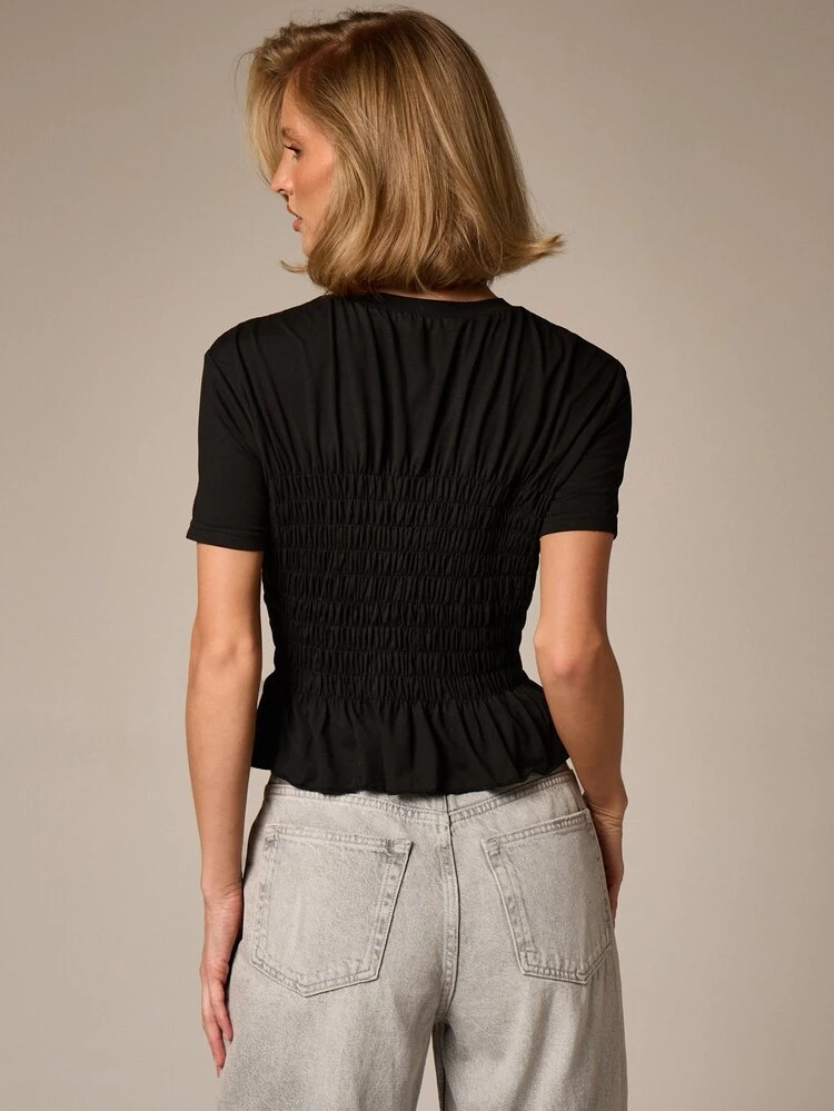 Black Shirred Corset Waist T-Shirt