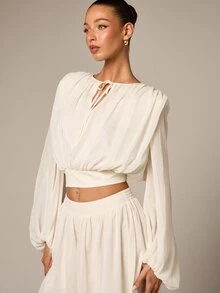 AiiRZ Áo kiểu nữ màu trắng bằng vải chiffon tay phồng, có chi tiết buộc dây phía trước, tay dài, dáng suông, thích hợp cho các dịp xuân hè. - Màu be - Xem 3