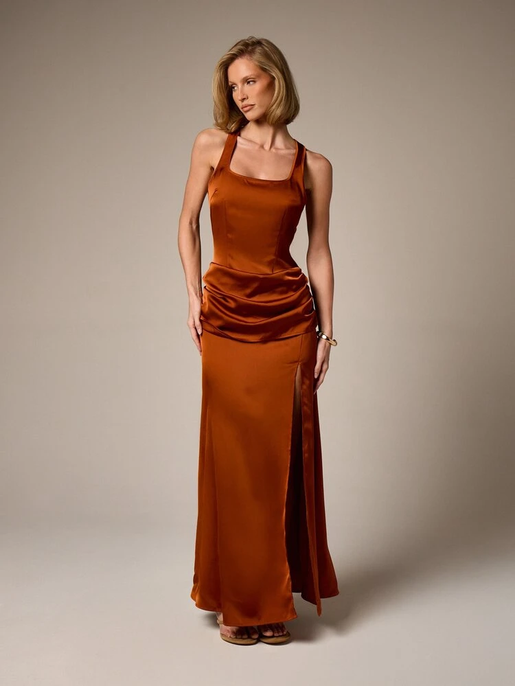Satin Square Neck Maxi Dress With Side Slit
