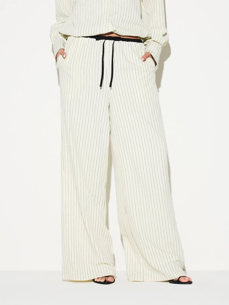 KIZN Cream Pinstripe Wide Leg Palazzo Pants With Drawstring Waist And Contrast Trim Detail For Spring Summer Casual Wear