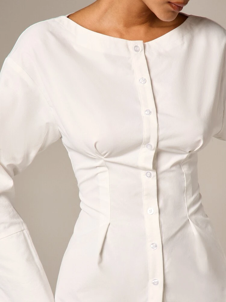 Boat Neck Button Front Blouse With Peplum