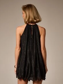 AiiRZ Vestido mini con cuello halter plisado metálico, sin mangas, con cuello fruncido y silueta acampanada fluida para fiestas, eventos de noche y bodas - Negro - Ver 2