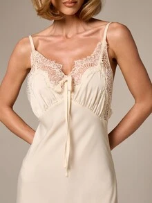 AiiRZ Women's Elegant Cream Ruched Bust Cami Slip Maxi Dress With Delicate Lace Trim Detail Perfect For Summer Wedding Guest Cocktail Party Evening Occasions - Beige - View 4