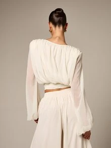 AiiRZ Áo kiểu nữ màu trắng bằng vải chiffon tay phồng, có chi tiết buộc dây phía trước, tay dài, dáng suông, thích hợp cho các dịp xuân hè. - Màu be - Xem 2
