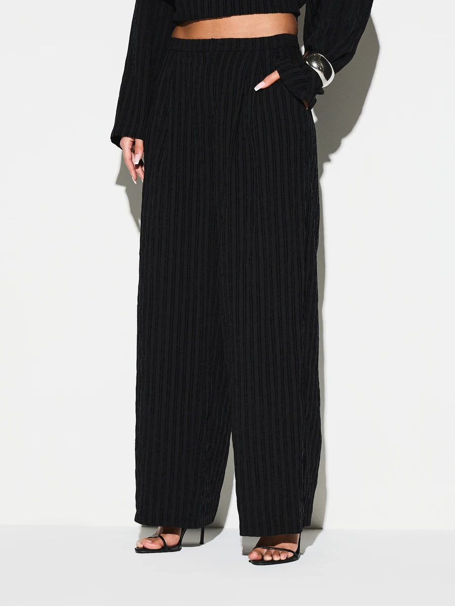 KIZN Ribbed Knit Wide Leg Palazzo Pants High Waisted Pleated Textured Trousers Flowy Casual Lounge Wear Fall Winter Comfort - Black - View 1