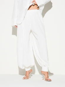KIZN Seersucker Striped Balloon Wide Leg High Rise Palazzo Pants With Elastic Cinched Ankle Cuffs And Relaxed Fit - White - View 1